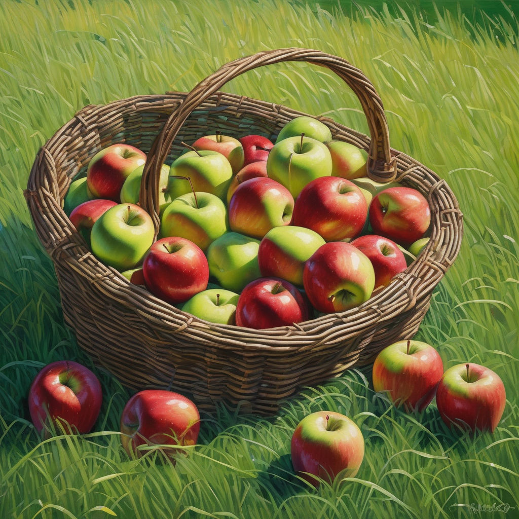 A Basket Of Freshly Picked Apples In The Grass Sunlit Dew On Surface U