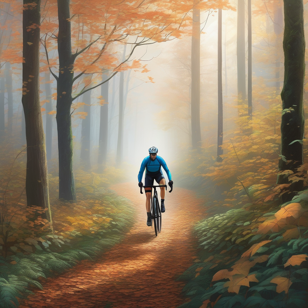 Ultra Realistic Photo Of A Cyclist Riding Through Foggy Forest Path