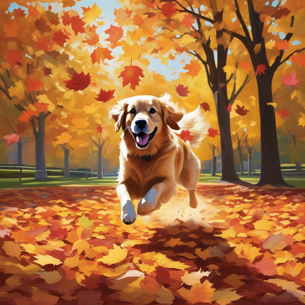 Ultra Realistic Photo Of A Dog Jumping Through A Pile Of Autumn Leaves