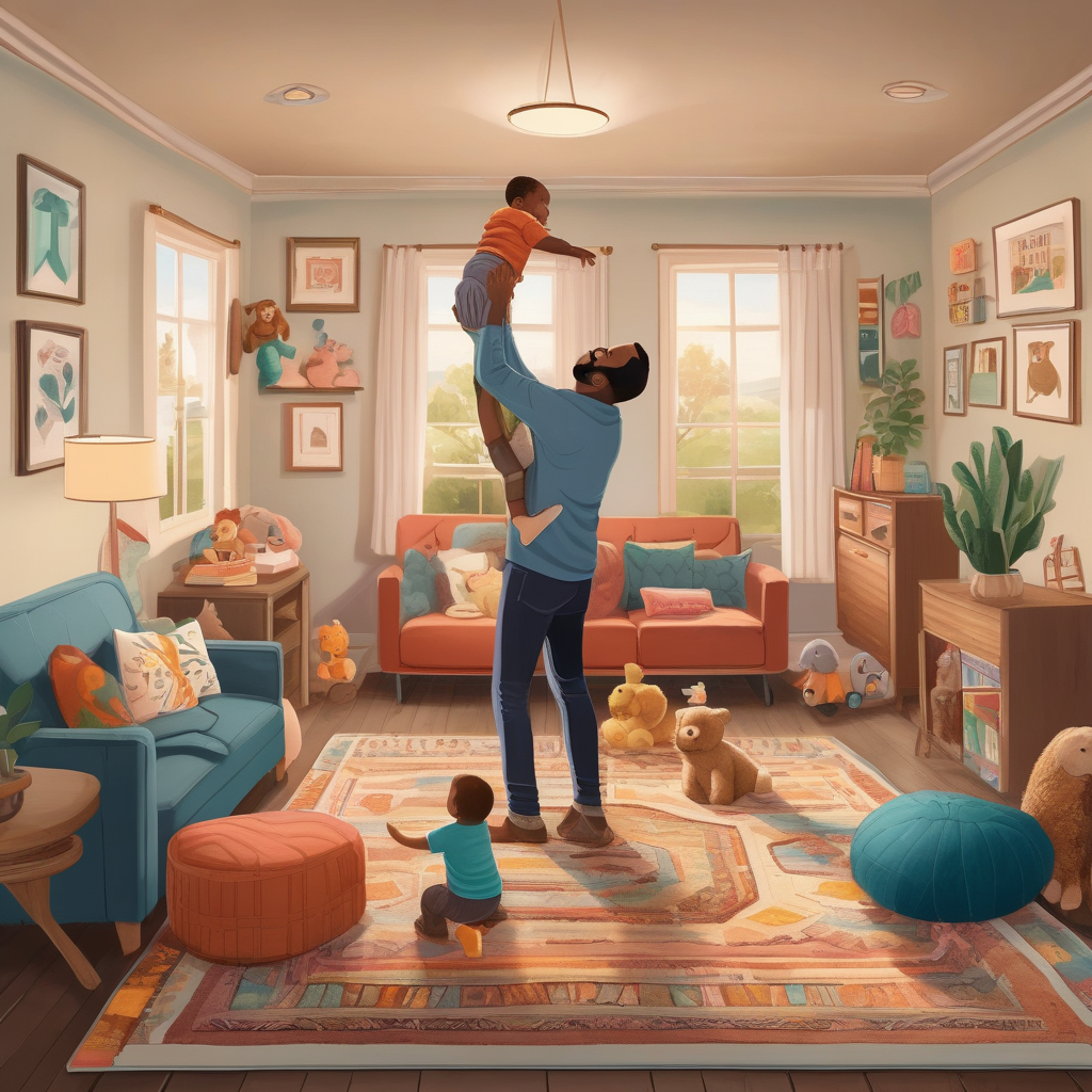 Ultra Realistic Photo Of A Father Lifting His Baby Under Soft Indoor L