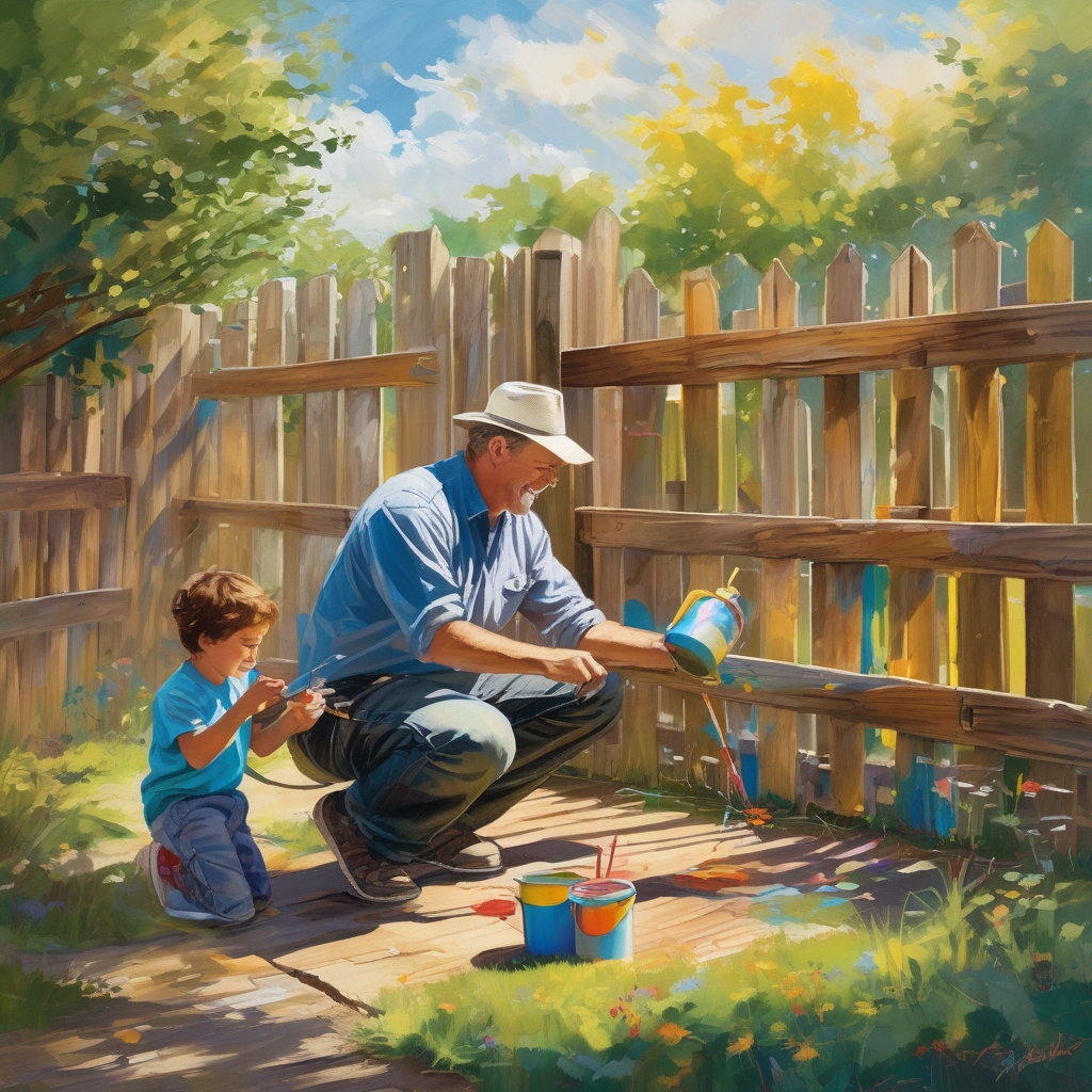 Ultra Realistic Photo Of A Father Teaching Daughter To Paint A Fence