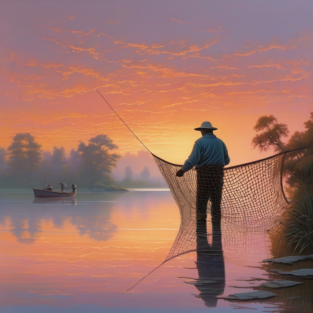Ultra Realistic Photo Of A Fisherman Casting His Net At Sunrise