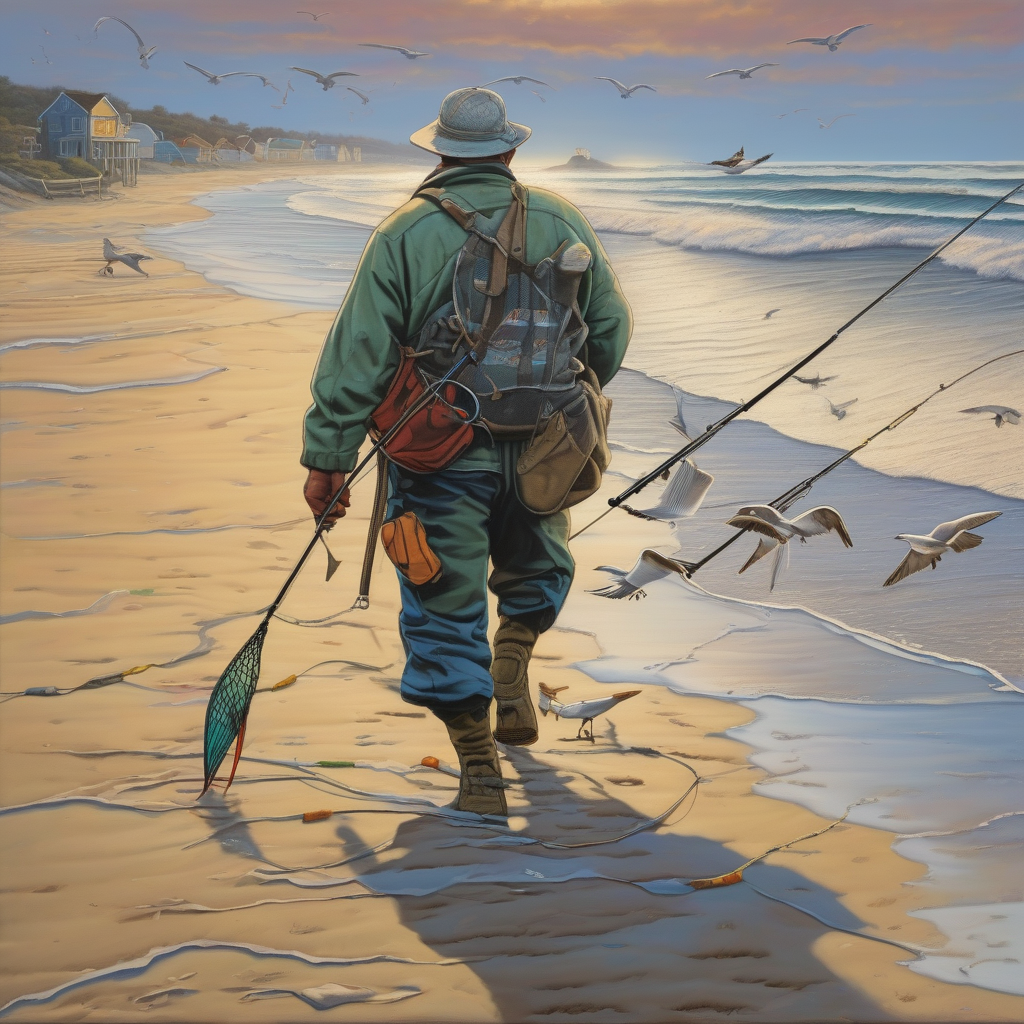Ultra Realistic Photo Of A Fisherman Walking Along The Shore