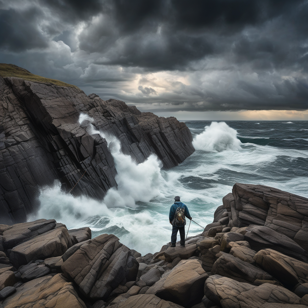 Ultra Realistic Photo Of A Fisherman Watching The Sky Before Storm