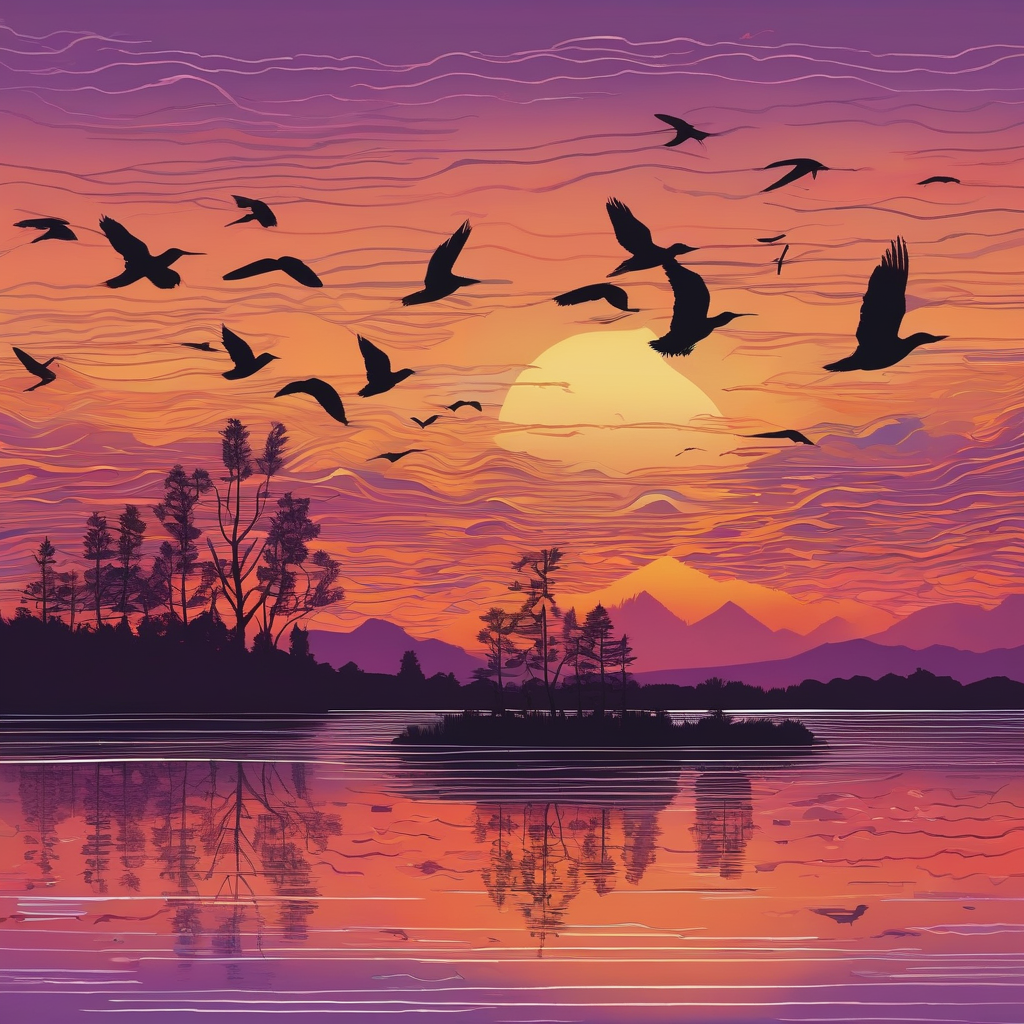 Ultra Realistic Photo Of A Flock Of Birds Flying Over A Lake