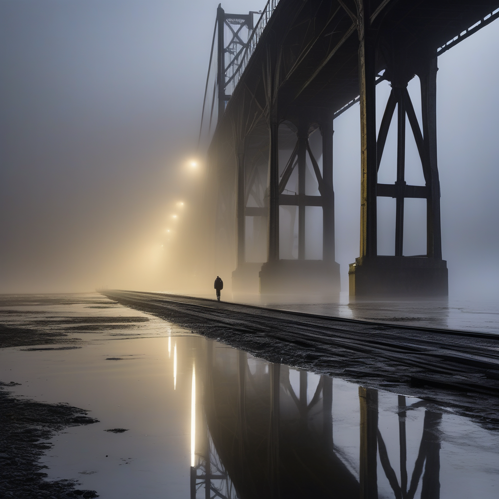 Ultra Realistic Photo Of A Foggy Bridge With A Single Figure Walking