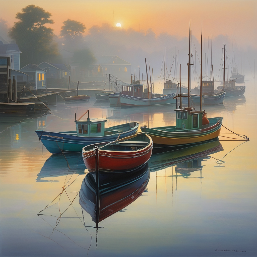 Ultra Realistic Photo Of A Foggy Harbor With Fishing Boats