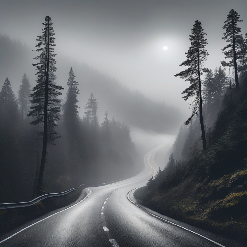 Ultra Realistic Photo Of A Foggy Mountain Road With Headlights