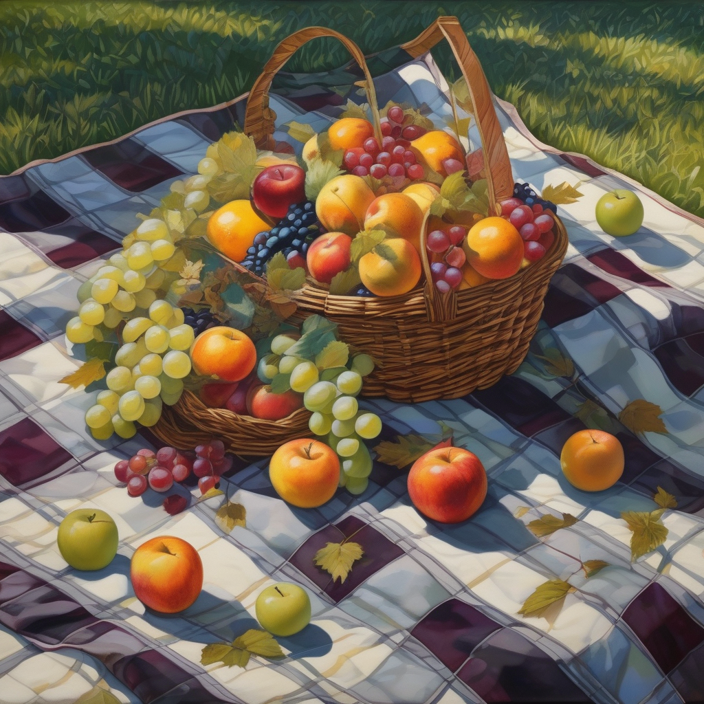 Ultra Realistic Photo Of A Fruit Basket On A Picnic Blanket