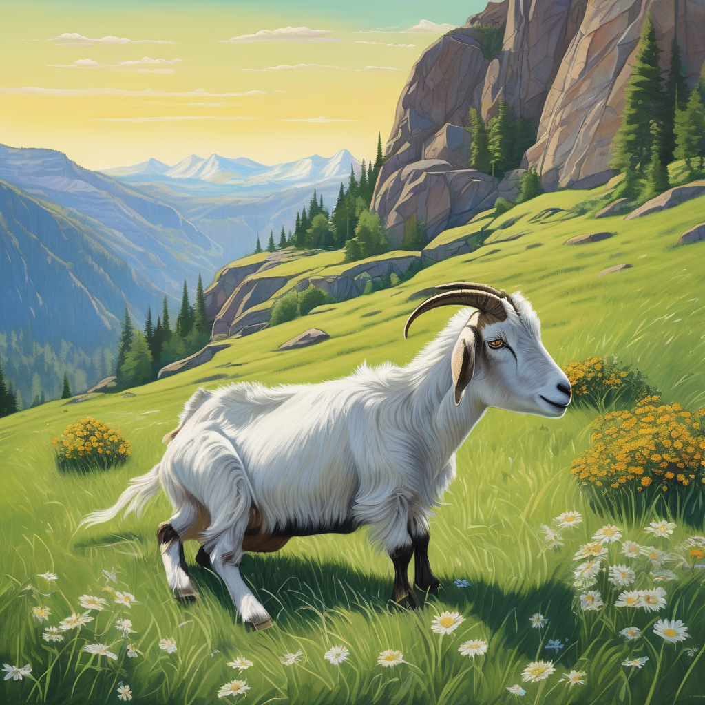 Ultra Realistic Photo Of A Goat Eating Grass Near A Rocky Cliff