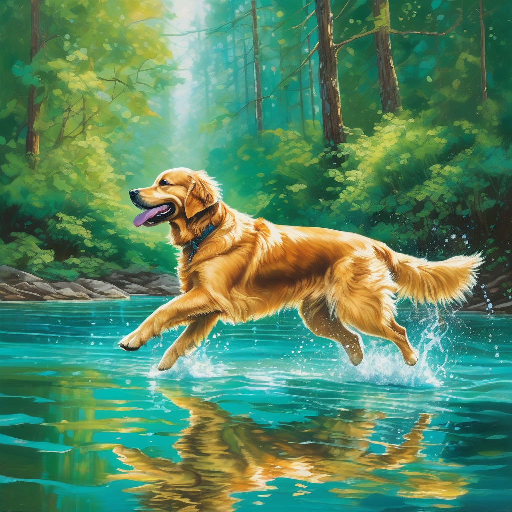 Ultra Realistic Photo Of A Golden Retriever Jumping Into Water