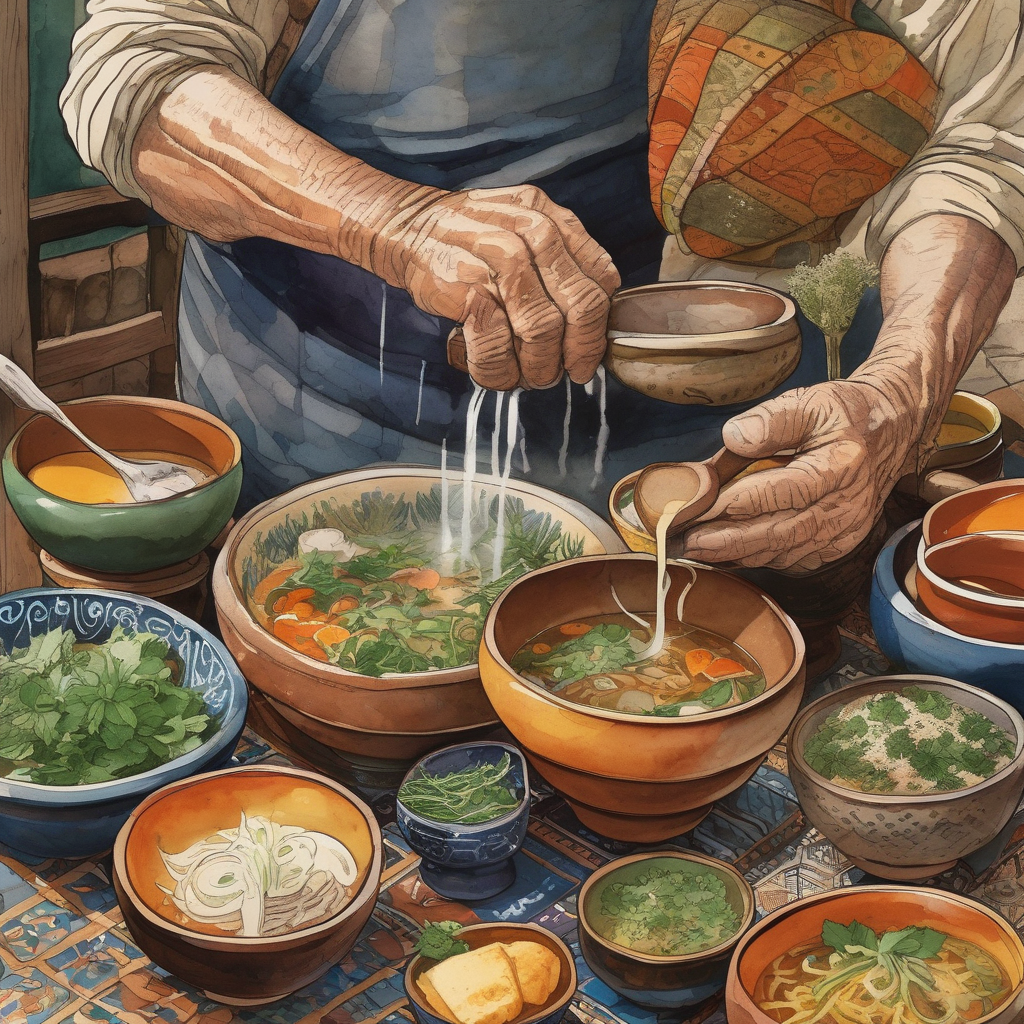 Ultra Realistic Photo Of A Grandmother Pouring Soup Into Bowls