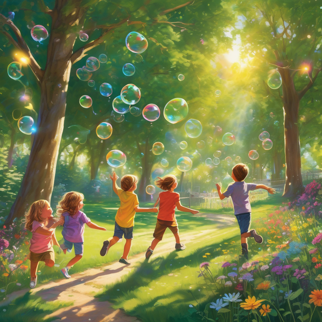 Ultra Realistic Photo Of A Group Of Kids Chasing Bubbles