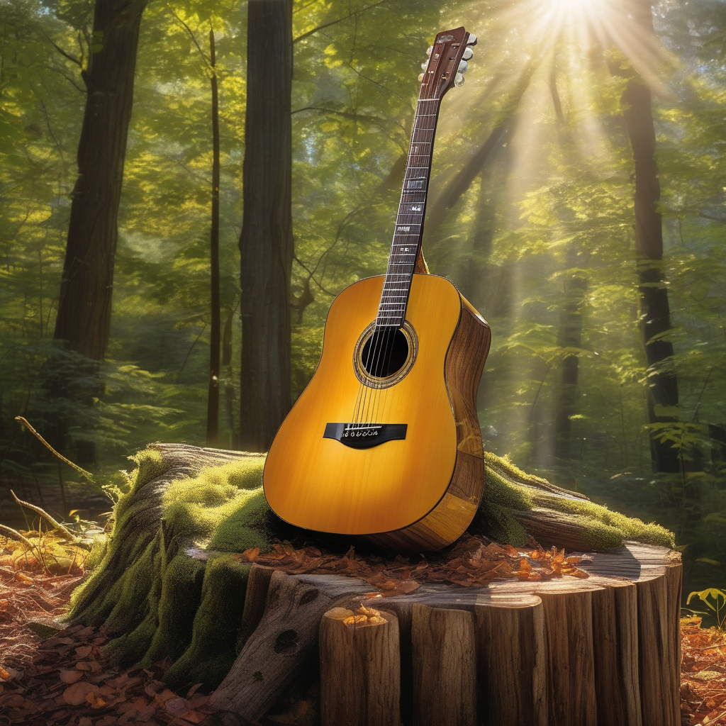 Ultra Realistic Photo Of A Guitar Resting On A Tree Stump