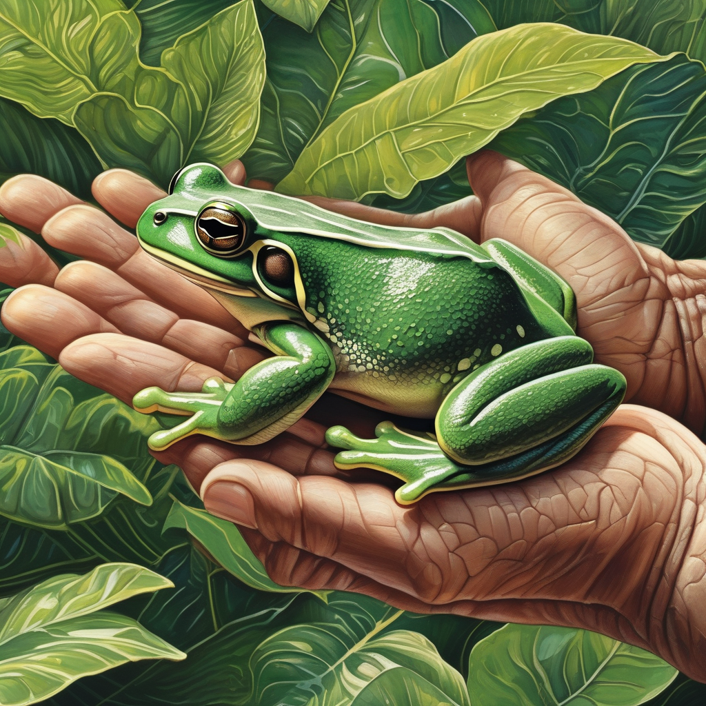 Ultra Realistic Photo Of A Hand Gently Holding A Tiny Frog