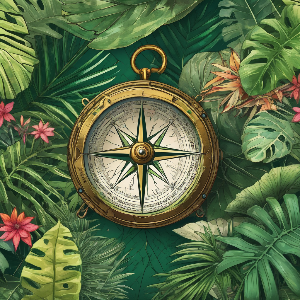 Ultra Realistic Photo Of A Hand Holding A Compass In A Jungle