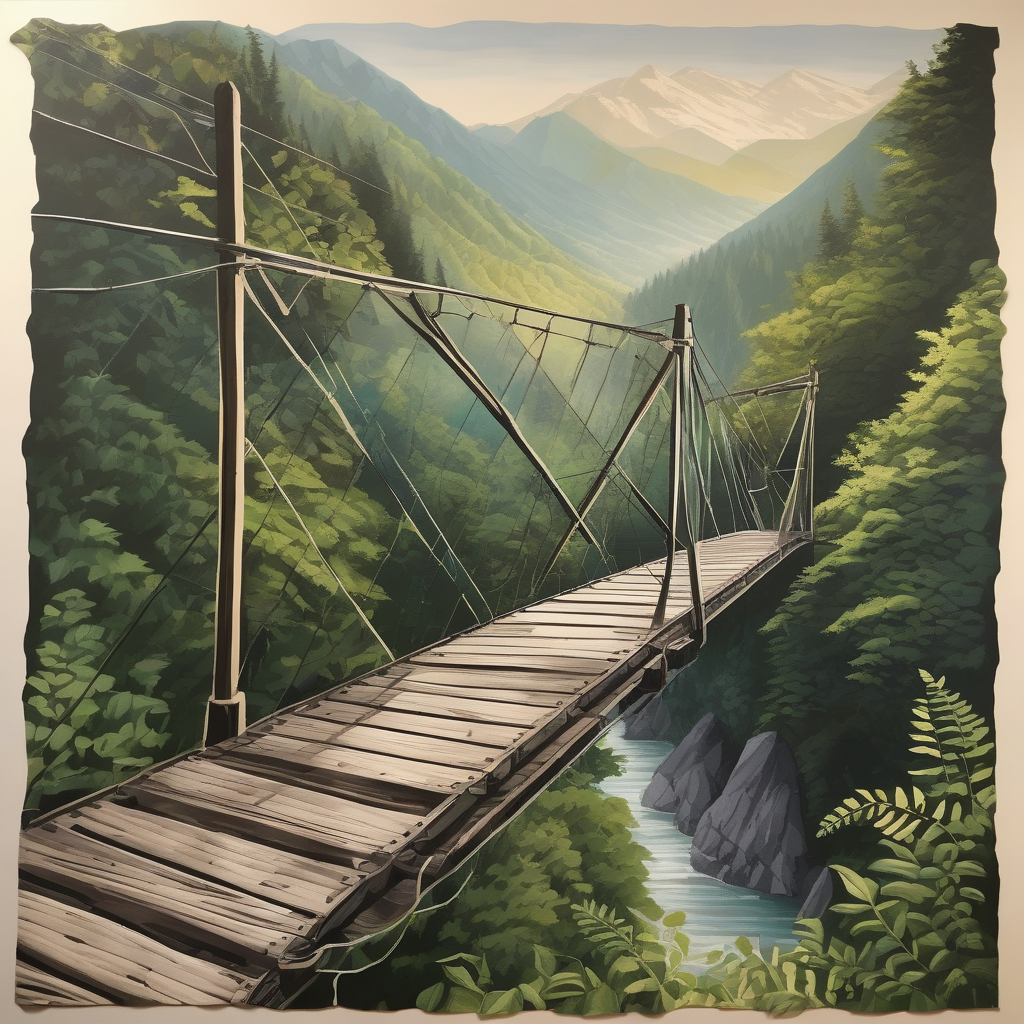 Ultra Realistic Photo Of A Hiker Crossing A Wooden Suspension Bridge