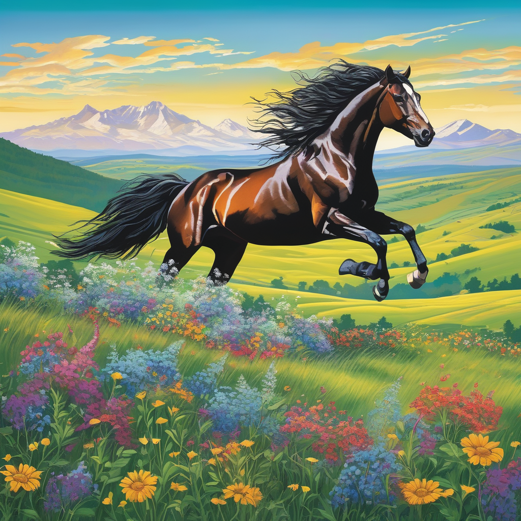 Ultra Realistic Photo Of A Horse Running Across Green Hills