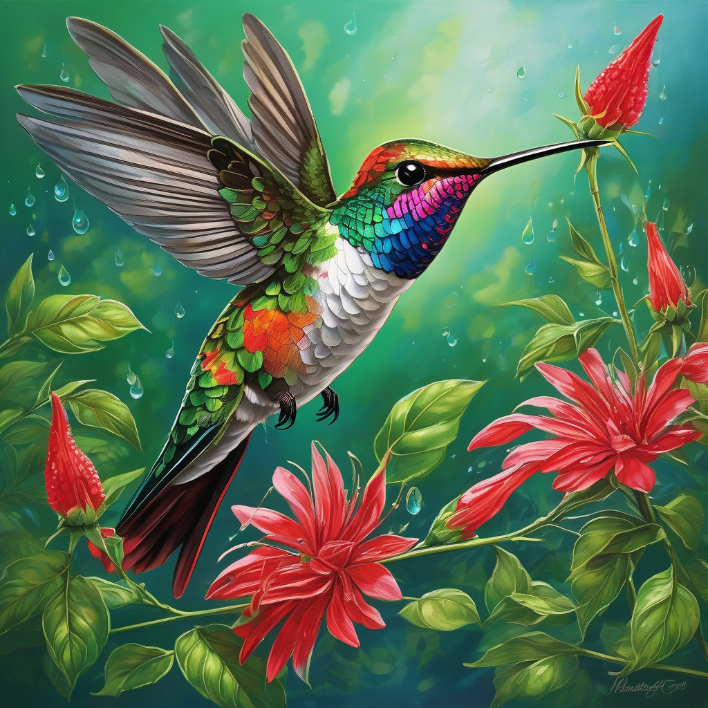 Ultra Realistic Photo Of A Hummingbird Drinking From Red Flowers