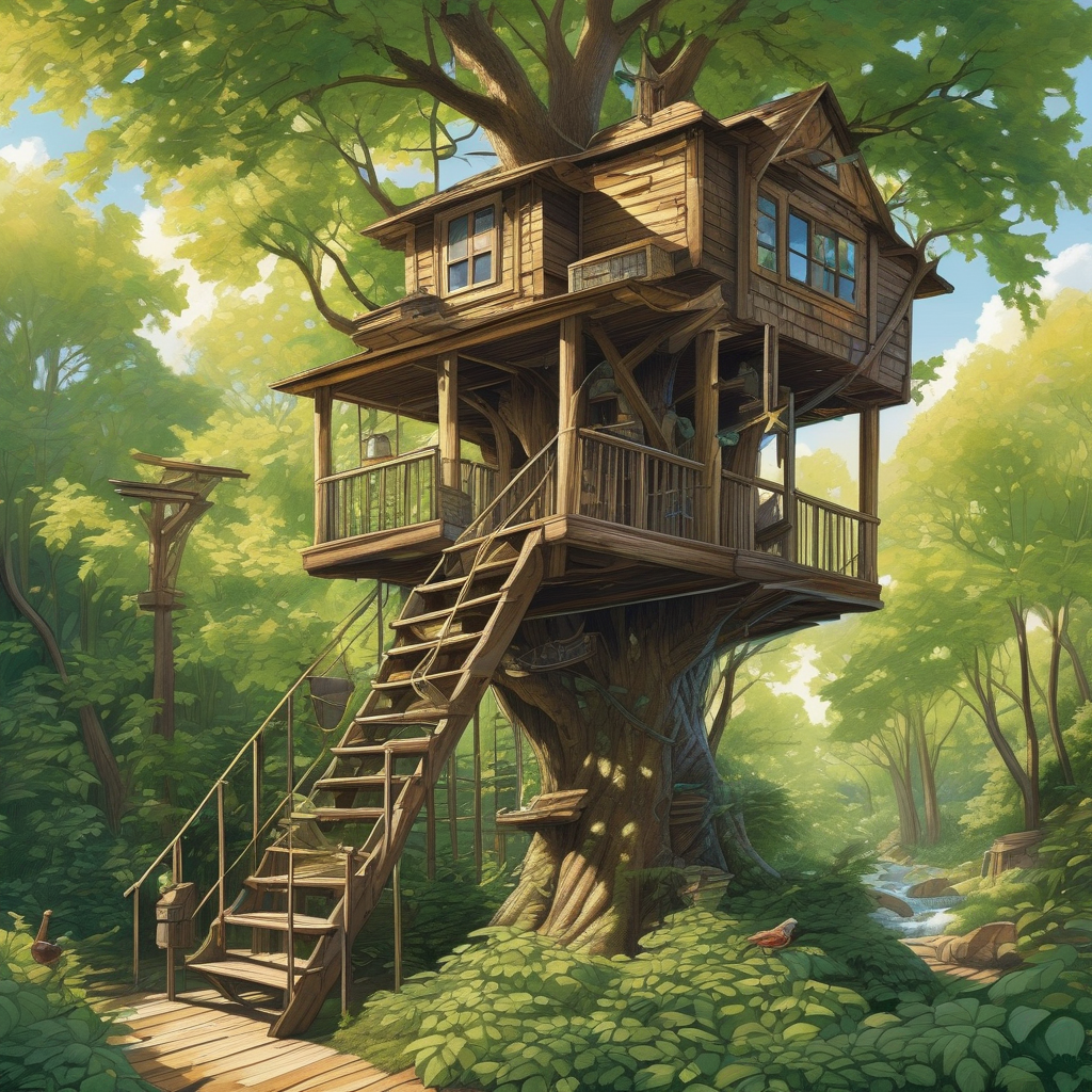 Ultra Realistic Photo Of A Man Climbing A Ladder Into A Treehouse