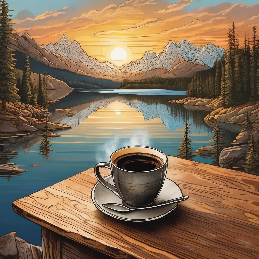 Ultra Realistic Photo Of A Man Drinking Coffee With Sunrise View