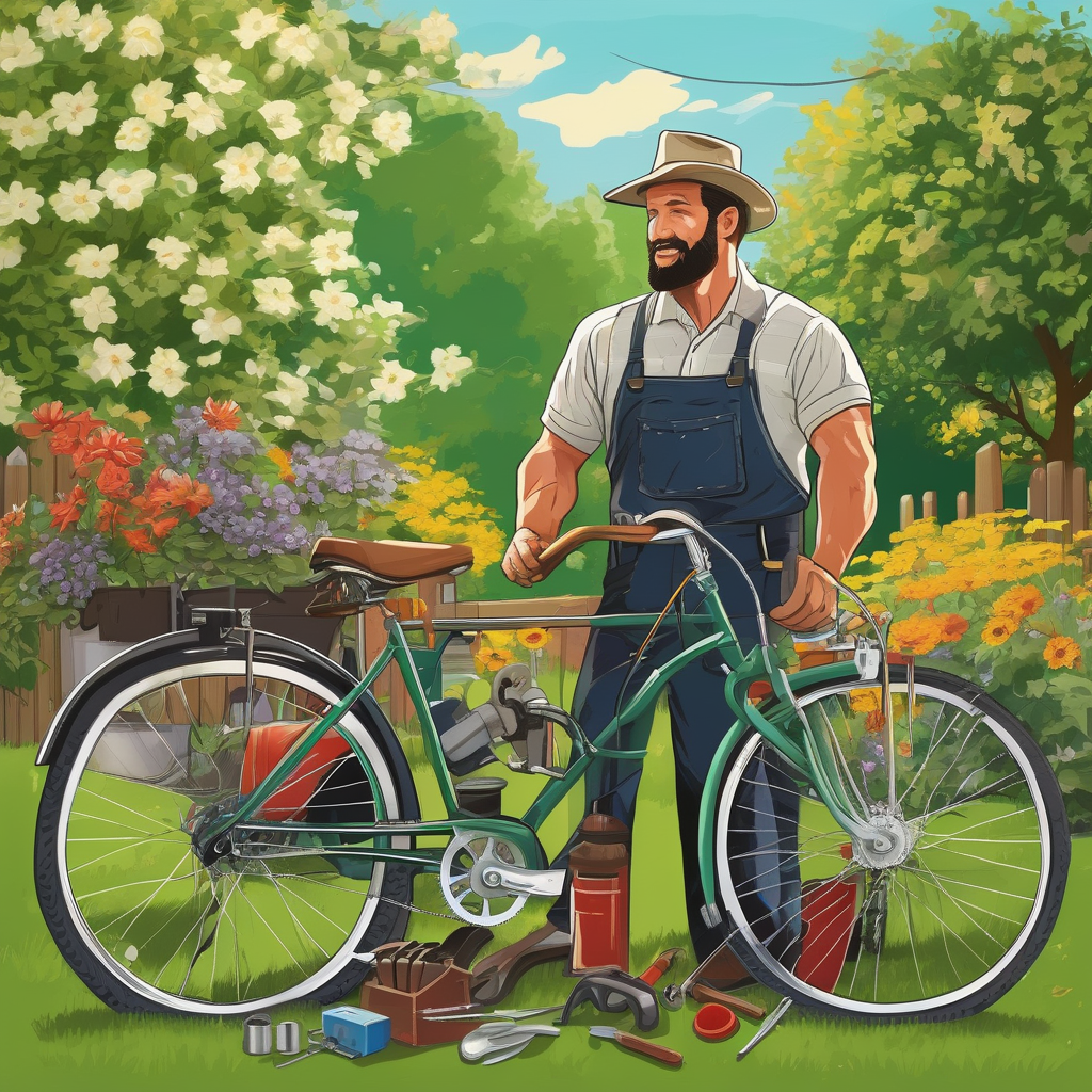 Ultra Realistic Photo Of A Man Fixing A Bicycle In A Backyard