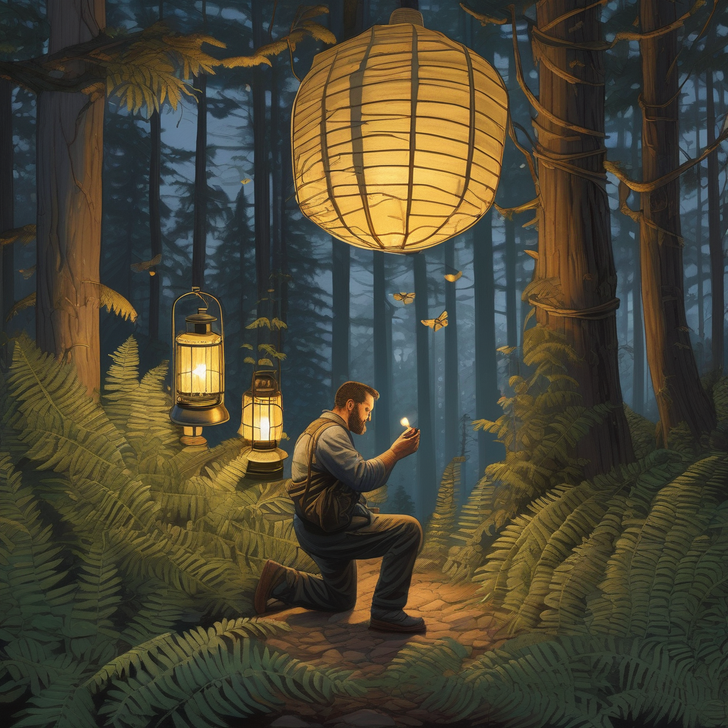 Ultra Realistic Photo Of A Man Lighting A Lantern In The Forest