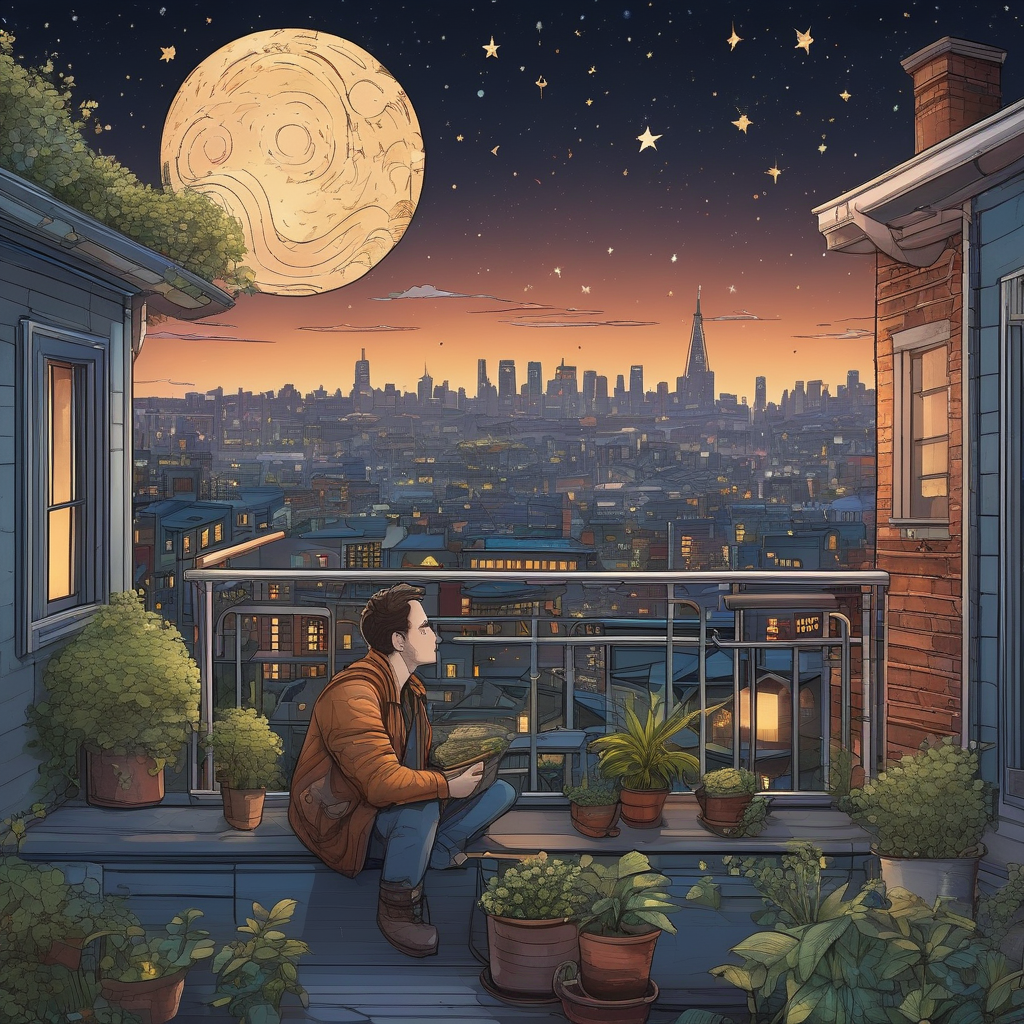 Ultra Realistic Photo Of A Man Looking At Stars From A Rooftop