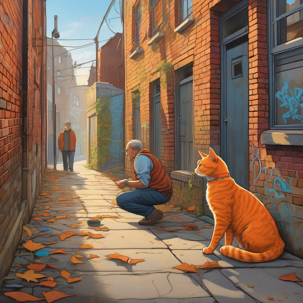Ultra Realistic Photo Of A Man Petting A Stray Cat In The Alley
