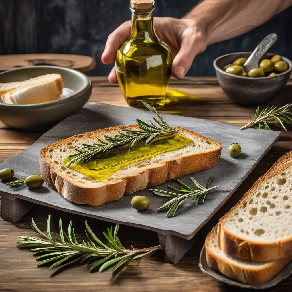 Ultra Realistic Photo Of A Man Pouring Olive Oil On Fresh Bread