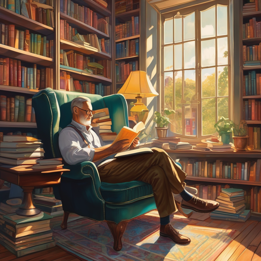 Ultra Realistic Photo Of A Man Reading A Novel In A Sunbeam