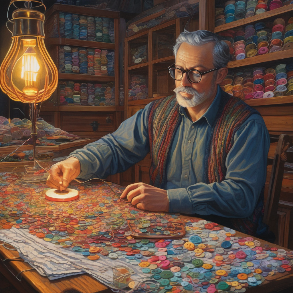 Ultra Realistic Photo Of A Man Sewing A Button By Lamplight