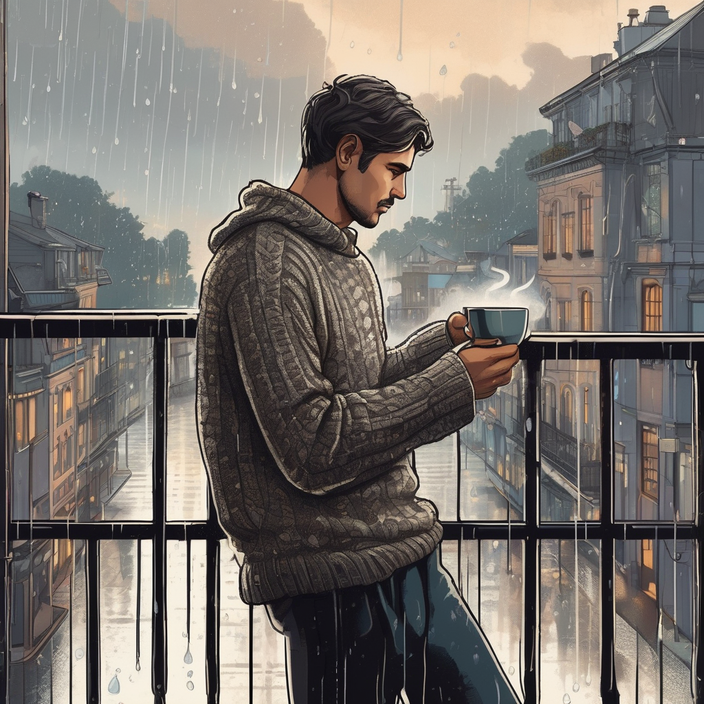 Ultra Realistic Photo Of A Man Sipping Tea On A Rainy Balcony