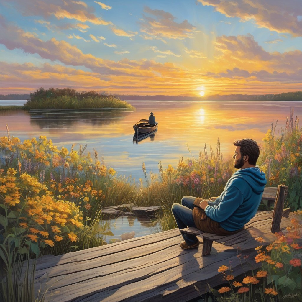 Ultra Realistic Photo Of A Man Sitting At The Edge Of A Dock At Sunris
