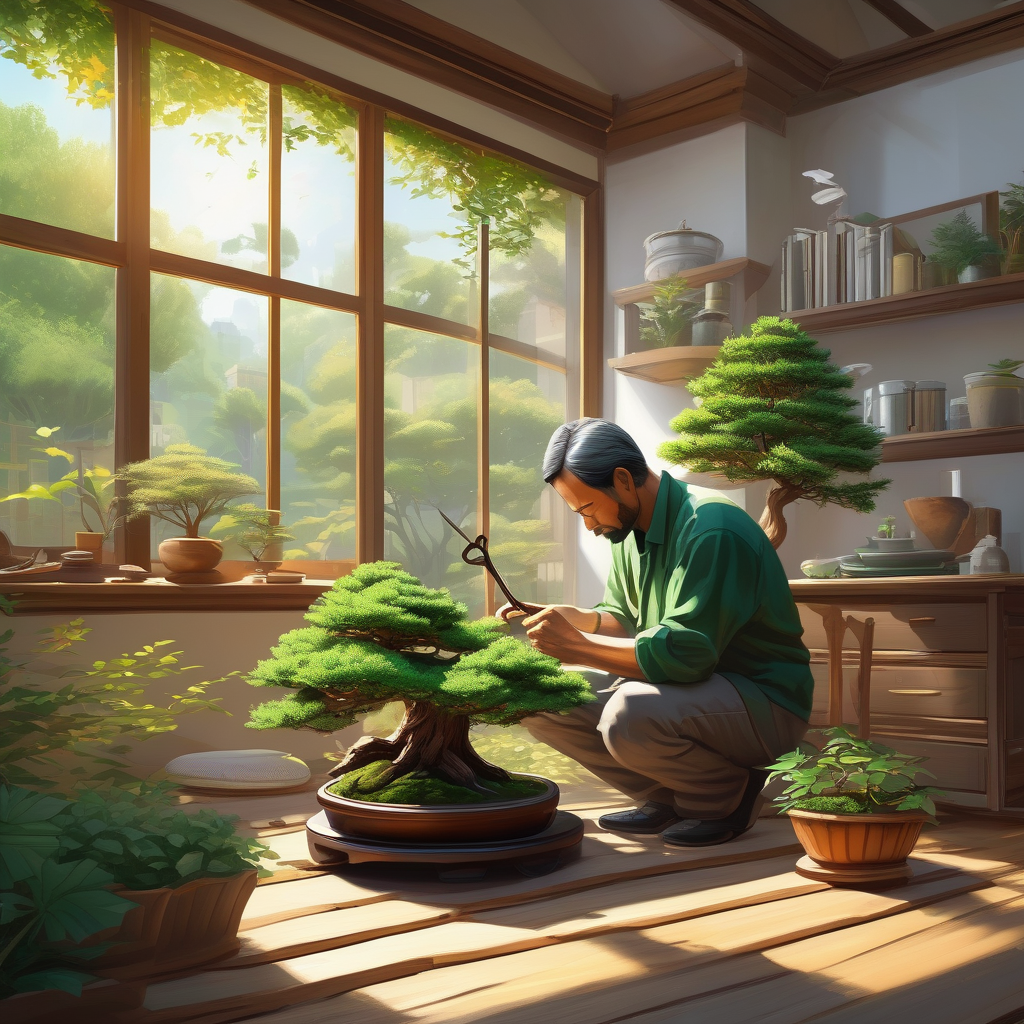 Ultra Realistic Photo Of A Man Trimming Bonsai Under Morning Light