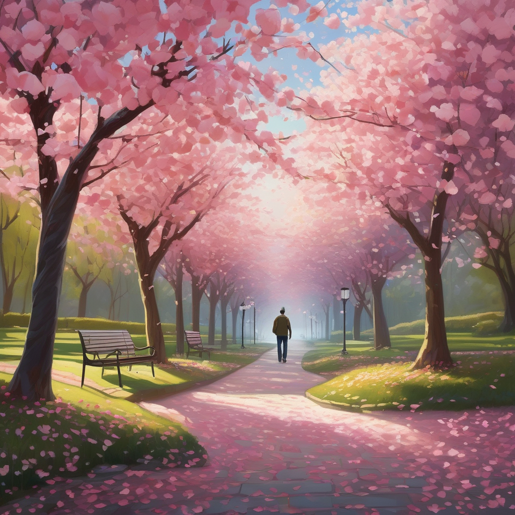 Ultra Realistic Photo Of A Man Walking Under Falling Cherry Petals