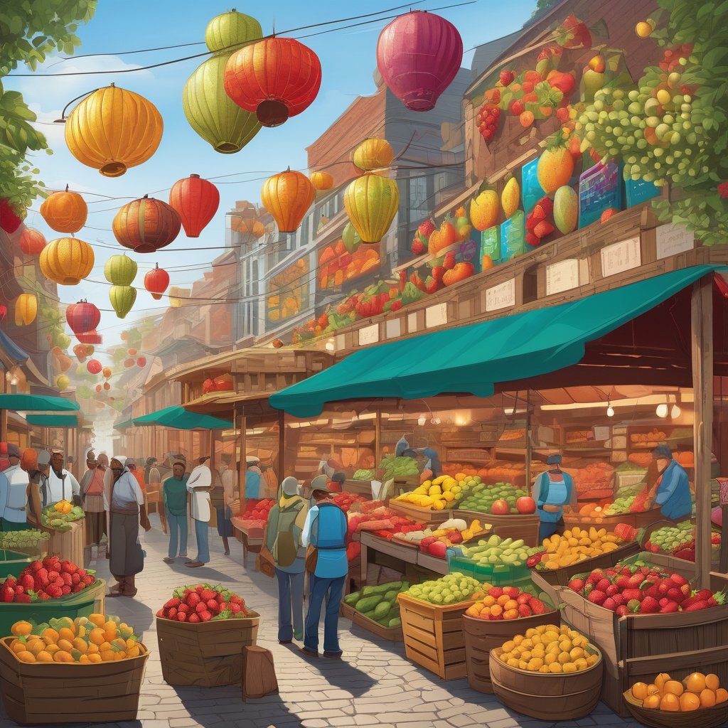 Ultra Realistic Photo Of A Market Full Of Fruits And Lanterns