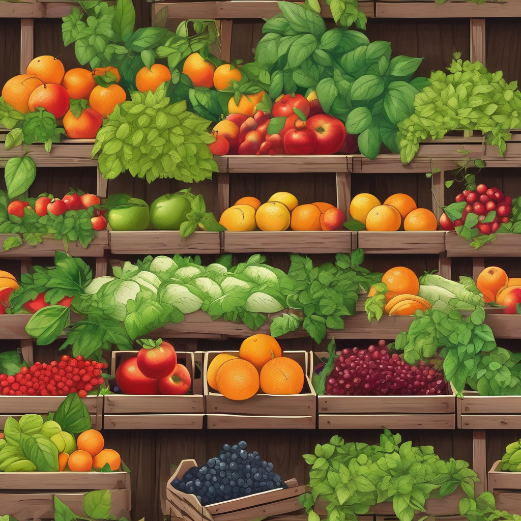 Ultra Realistic Photo Of A Market Stand With Fresh Herbs And Fruit