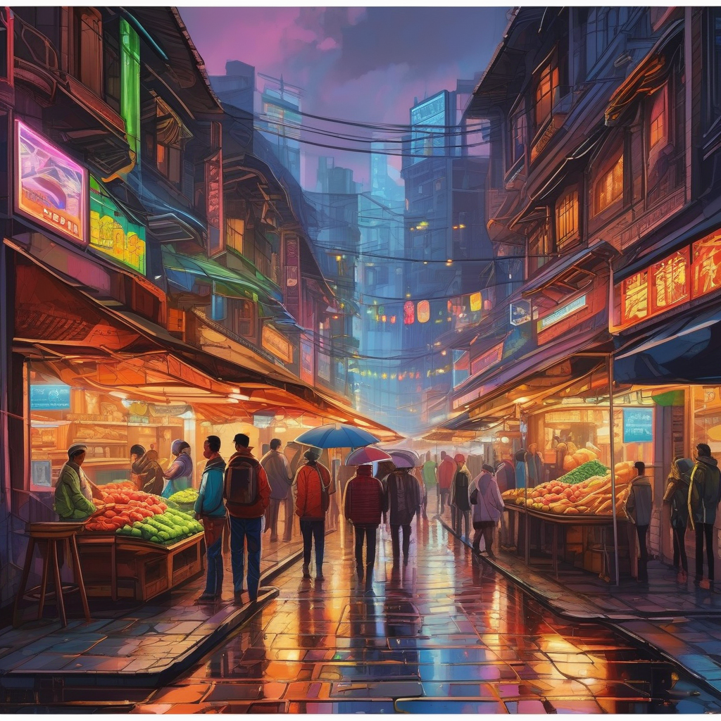 Ultra Realistic Photo Of A Market Street At Night With Reflections