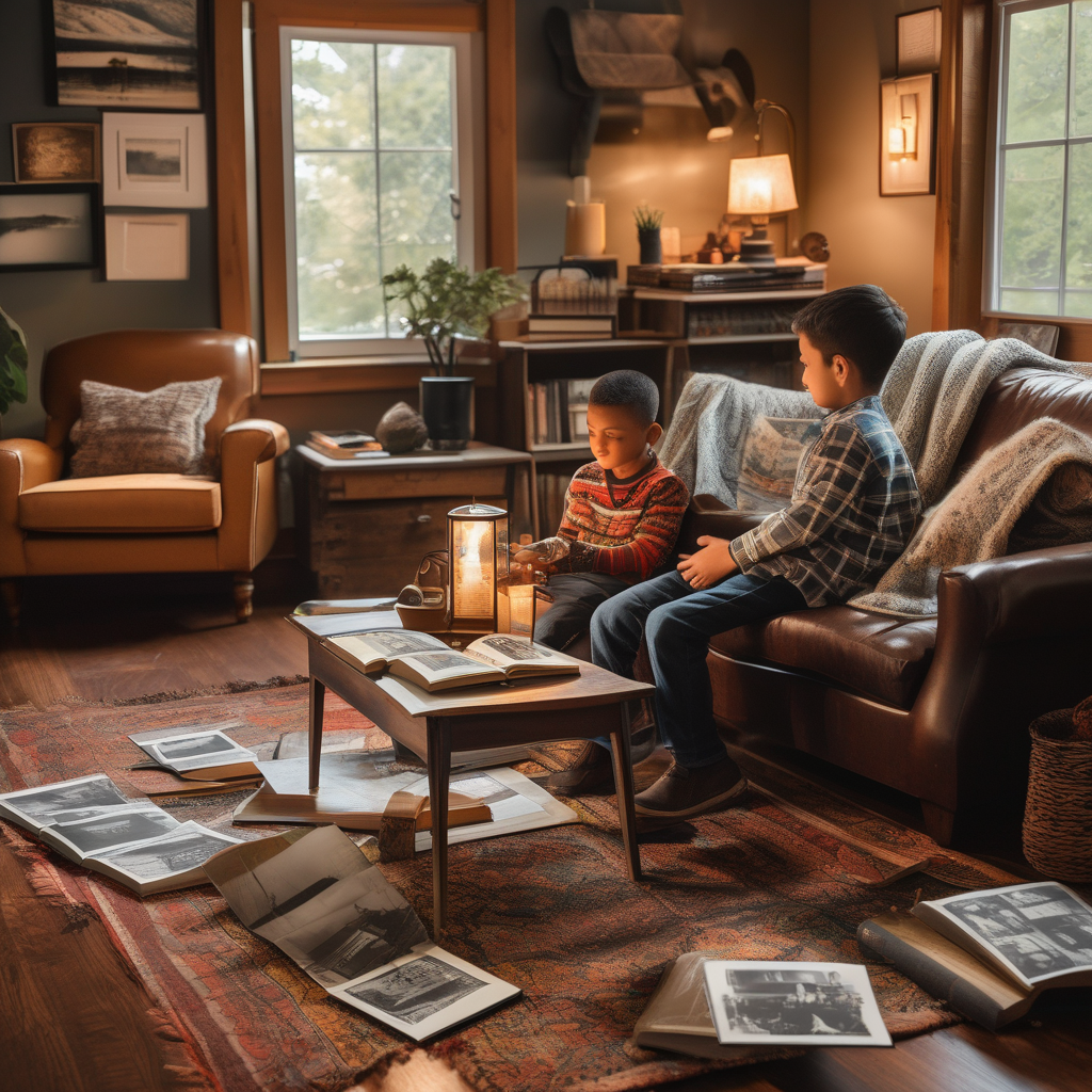 Ultra Realistic Photo Of A Mother Showing Old Photos To Her Son