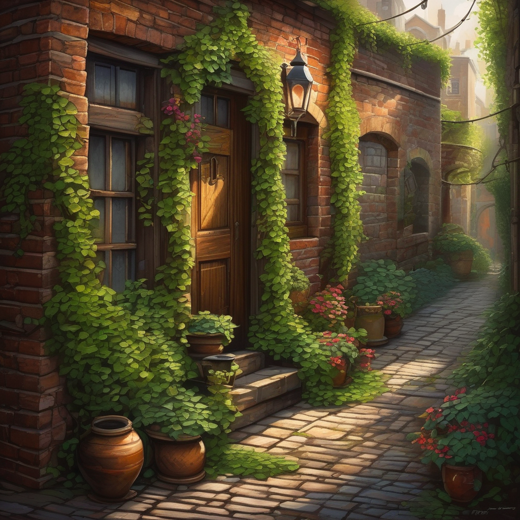Ultra Realistic Photo Of A Narrow Alley Covered In Ivy