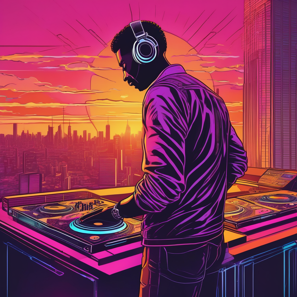A Dj Using Turntables At A Rooftop Party During Sunset Crowd In Backgr