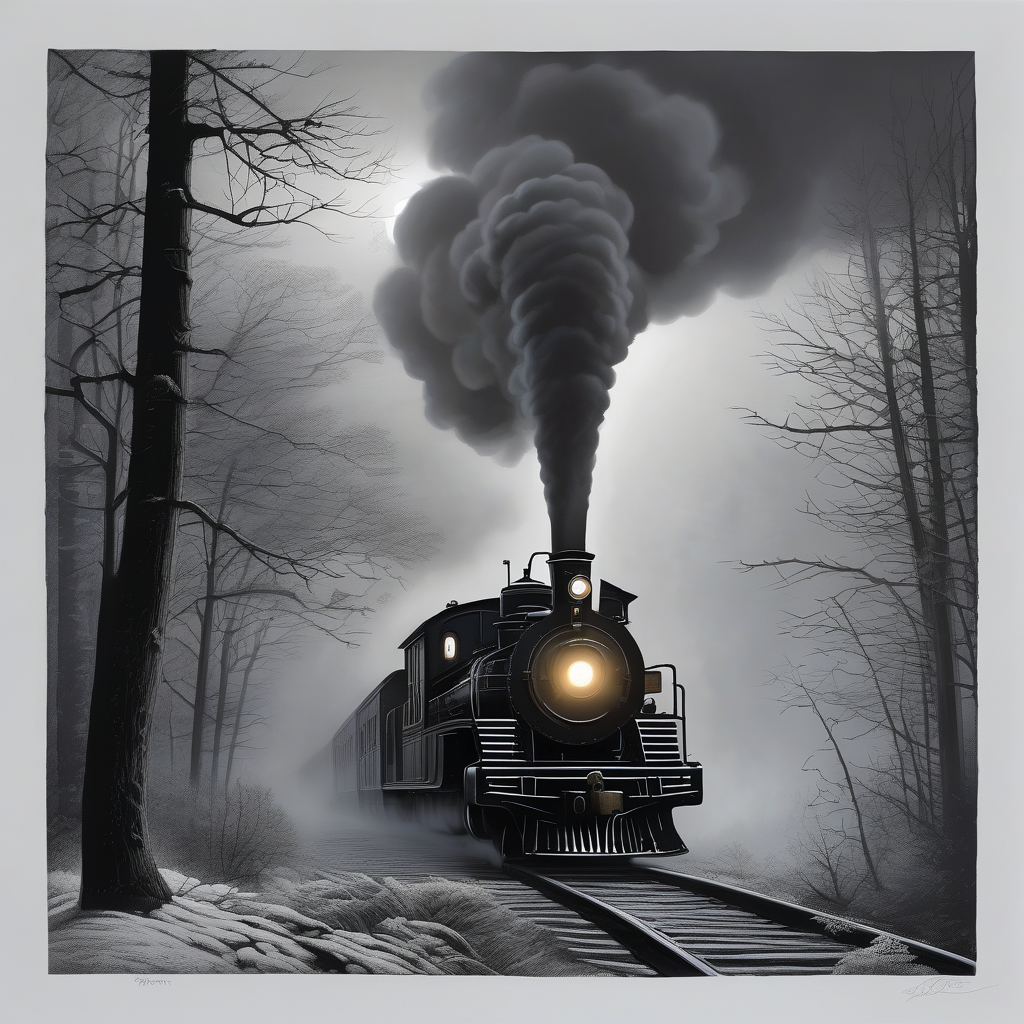 Ultra Realistic Photo Of A Night Train With Lights Glowing Through Fog