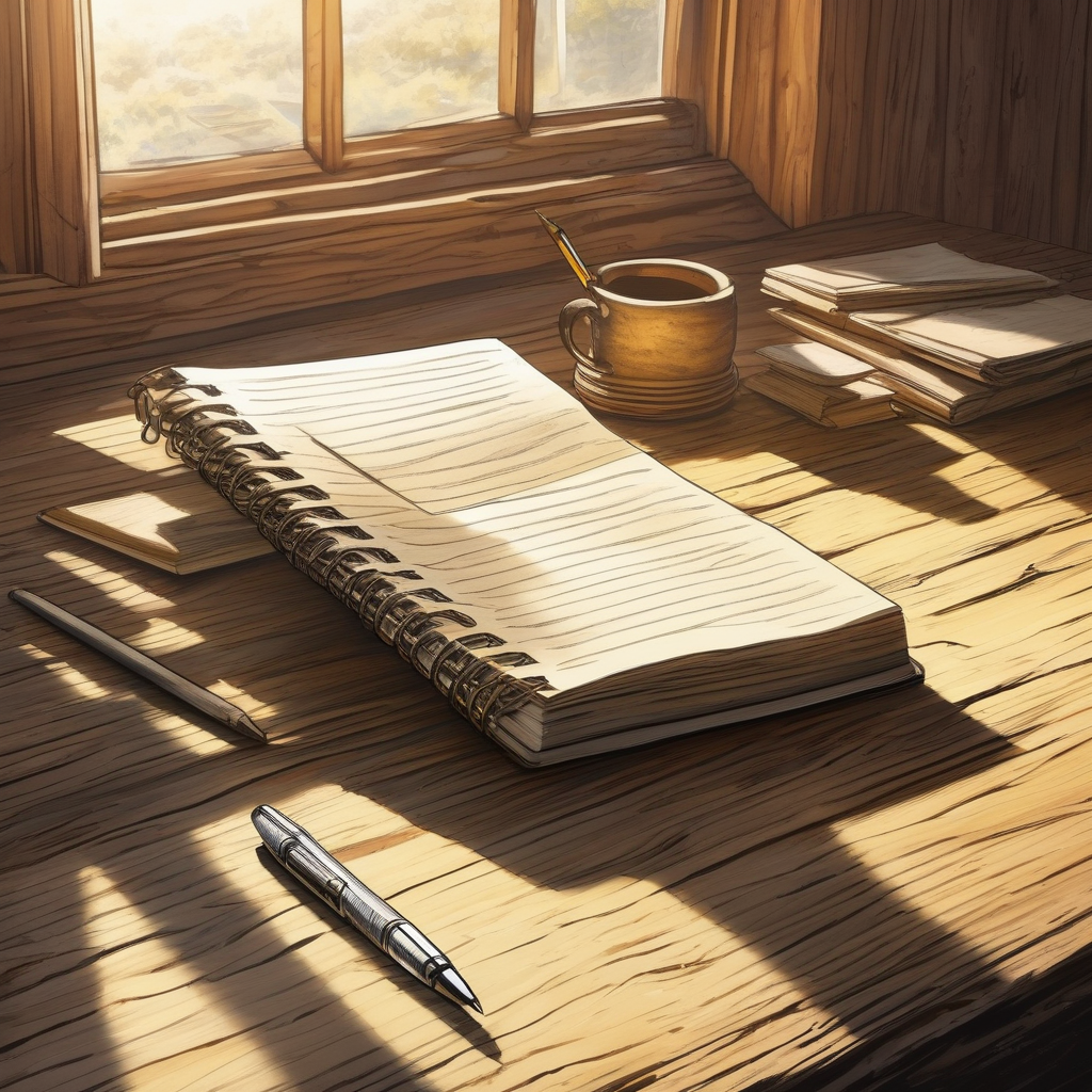Ultra Realistic Photo Of A Notebook And Pen On An Old Wooden Desk