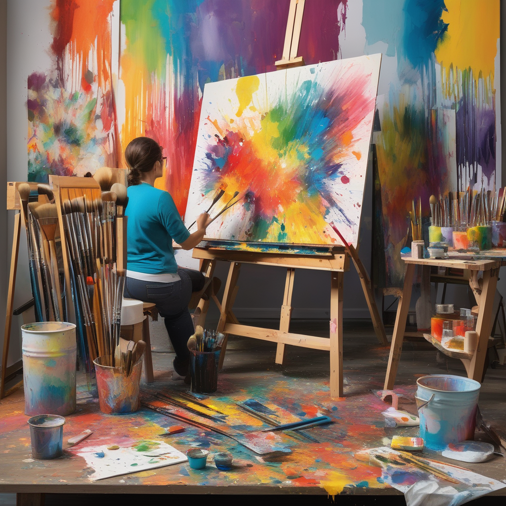 Ultra Realistic Photo Of A Painter Holding Brushes In A Messy Studio