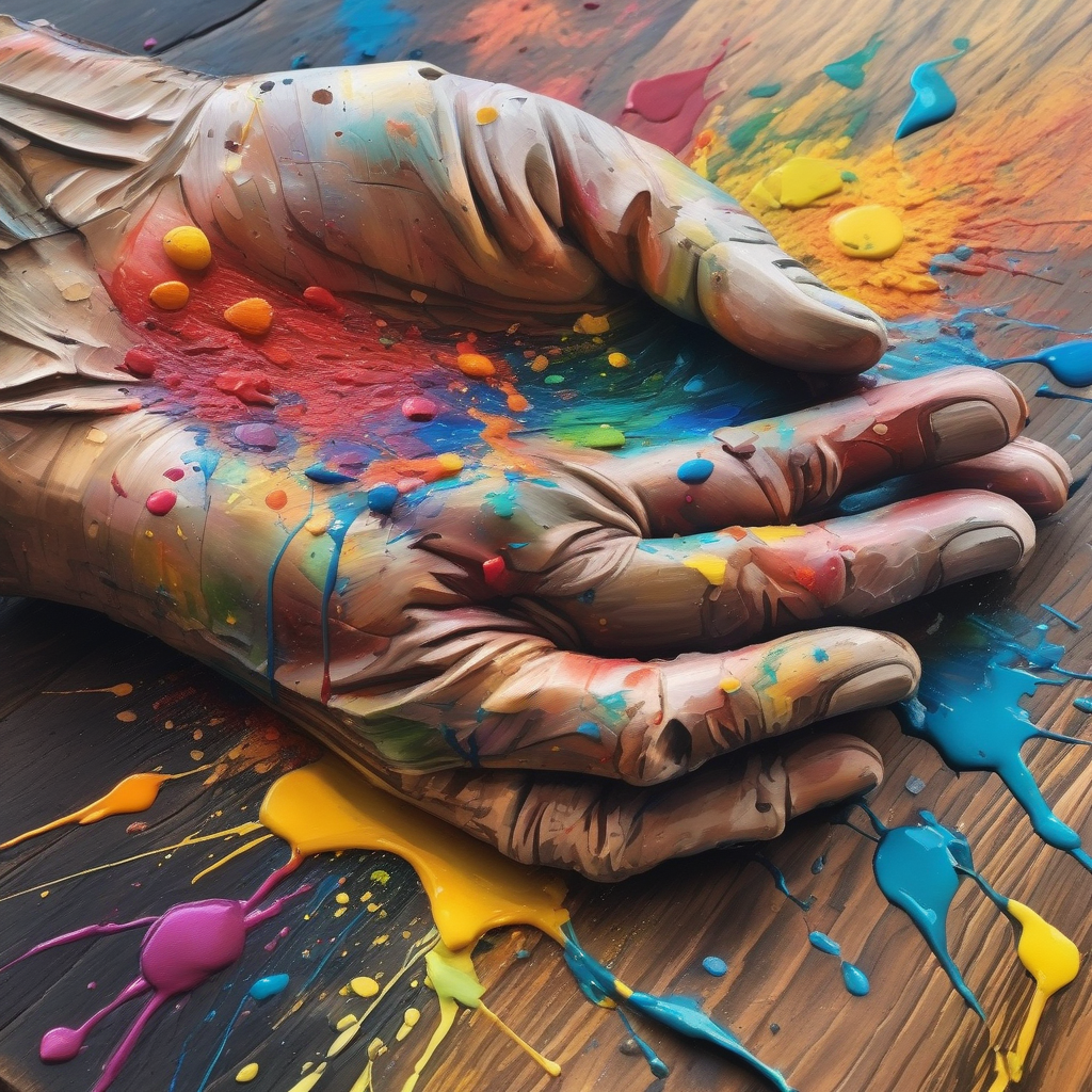 Ultra Realistic Photo Of A Painters Hand Covered In Vibrant Pigments