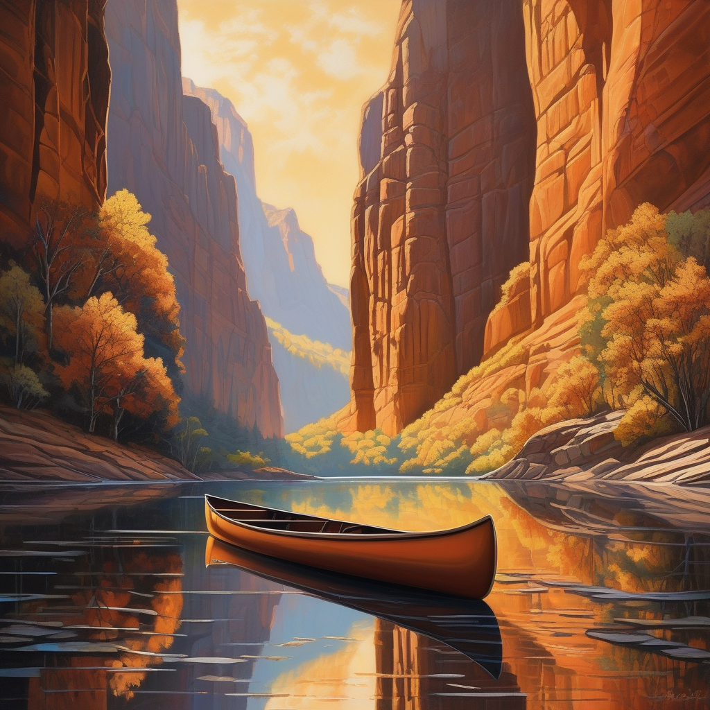 Ultra Realistic Photo Of A Person Canoeing In Glowing Canyon Light