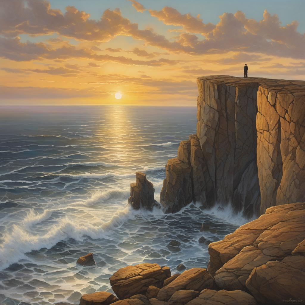 Ultra Realistic Photo Of A Person Sitting On A Rock Near A Cliff