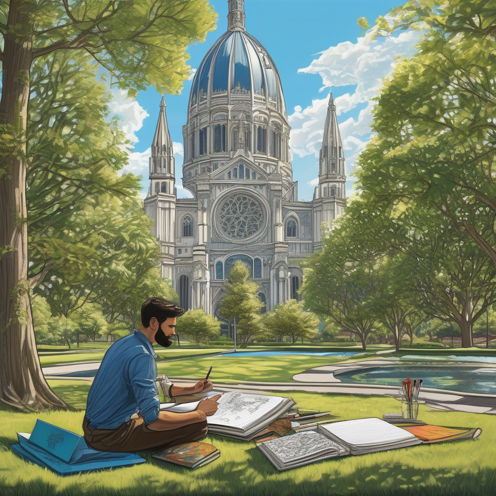 Ultra Realistic Photo Of A Person Sketching A Cathedral On Location