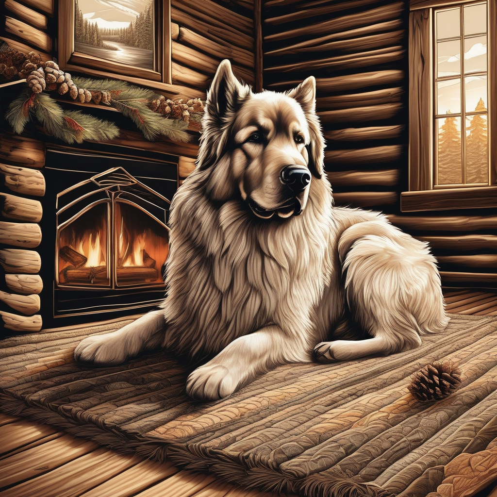 A Dog Resting In Front Of A Fireplace In A Log Cabin Cozy Atmosphere U
